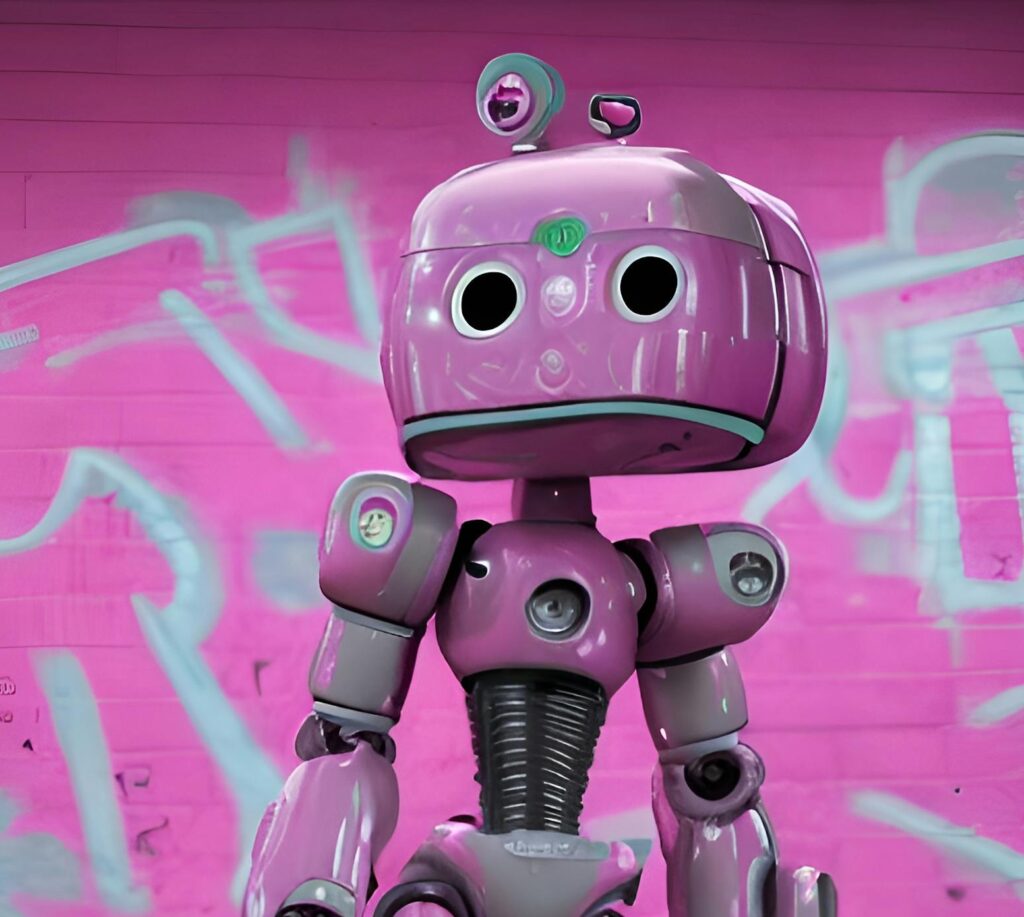 A cute pink humanoid robot walking past colorful graffiti indoors.