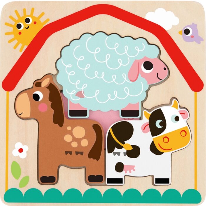 Tooky Toy Drewniane Puzzle Montessori Wielowarstwowe Tablica Zwierzątka na Farmie 7 el. - obrazek 2