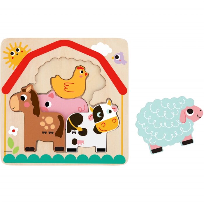 Tooky Toy Drewniane Puzzle Montessori Wielowarstwowe Tablica Zwierzątka na Farmie 7 el. - obrazek 3