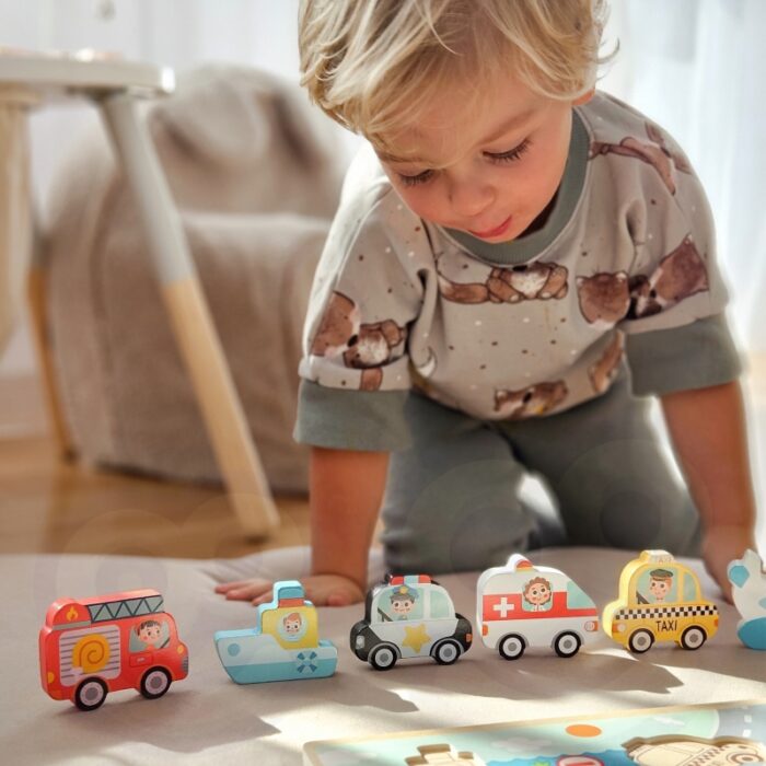 Tooky Toy Drewniane Puzzle Montessori Pojazdy Samochody Samolot Statek Miasto Dopasuj Kształty - obrazek 2