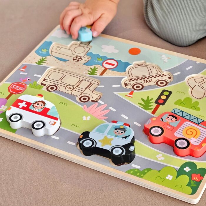 Tooky Toy Drewniane Puzzle Montessori Pojazdy Samochody Samolot Statek Miasto Dopasuj Kształty - obrazek 3