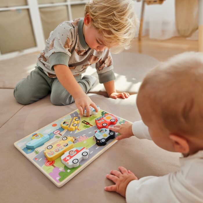 Tooky Toy Drewniane Puzzle Montessori Pojazdy Samochody Samolot Statek Miasto Dopasuj Kształty - obrazek 6