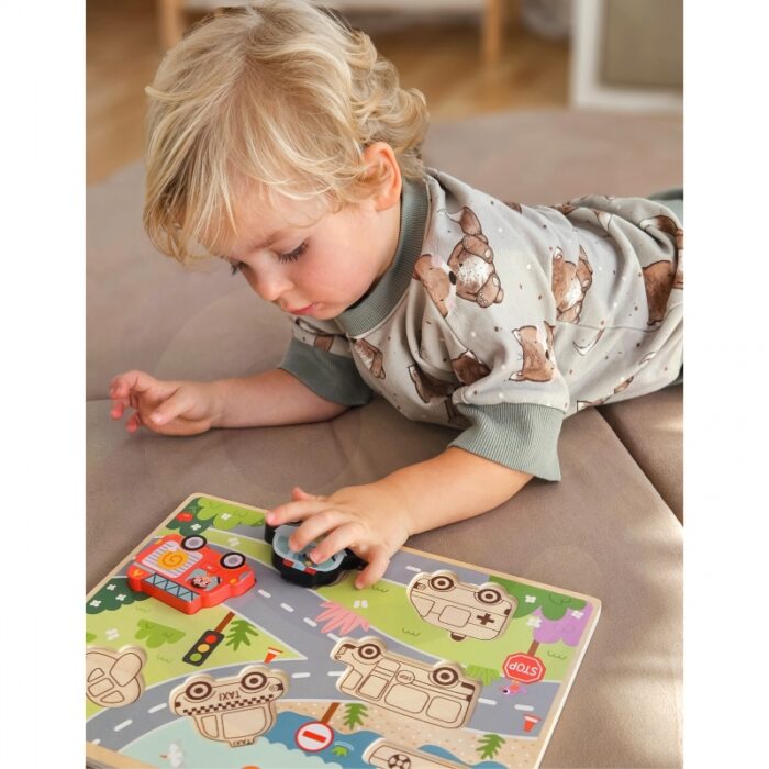 Tooky Toy Drewniane Puzzle Montessori Pojazdy Samochody Samolot Statek Miasto Dopasuj Kształty - obrazek 7