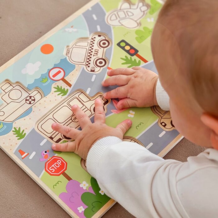 Tooky Toy Drewniane Puzzle Montessori Pojazdy Samochody Samolot Statek Miasto Dopasuj Kształty - obrazek 8
