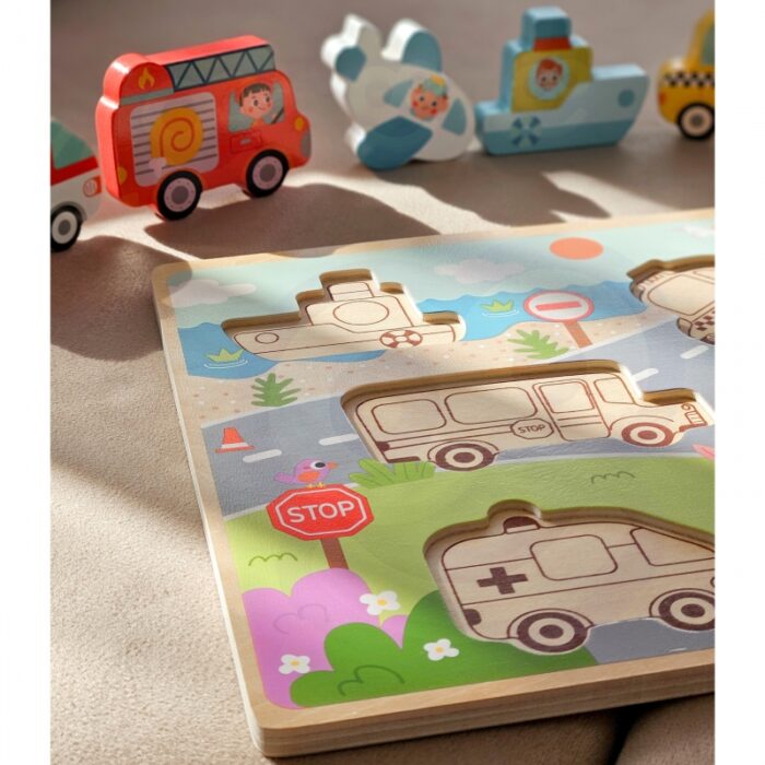 Tooky Toy Drewniane Puzzle Montessori Pojazdy Samochody Samolot Statek Miasto Dopasuj Kształty - obrazek 9