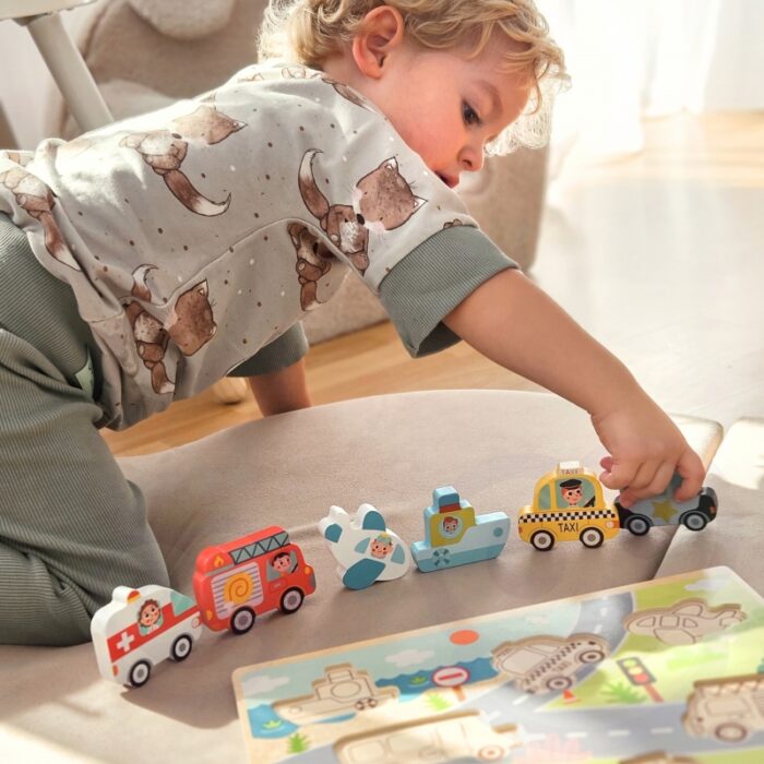 Tooky Toy Drewniane Puzzle Montessori Pojazdy Samochody Samolot Statek Miasto Dopasuj Kształty - obrazek 10