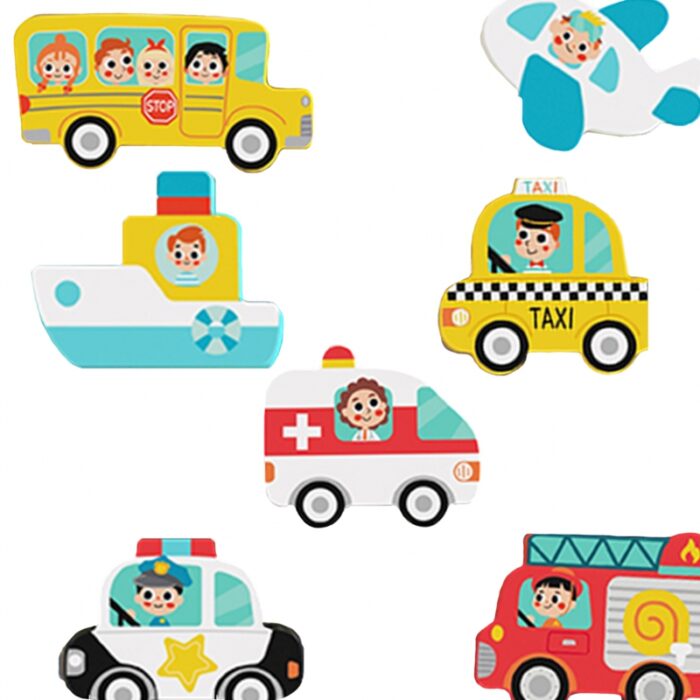Tooky Toy Drewniane Puzzle Montessori Pojazdy Samochody Samolot Statek Miasto Dopasuj Kształty - obrazek 11