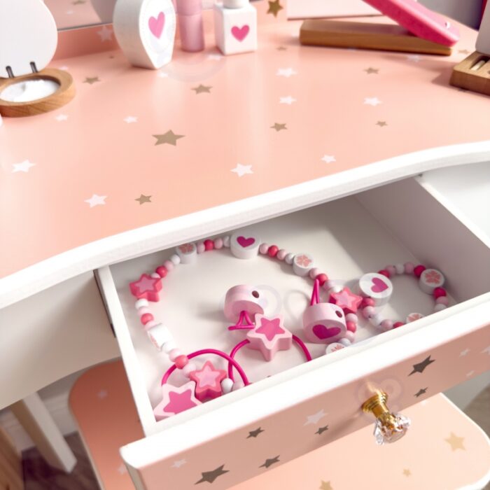 TOOKY TOY Drewniana Toaletka z Krzesełkiem Składane Lusterko Akcesoria 15 el. - obrazek 4