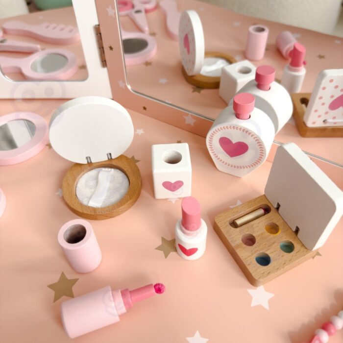 TOOKY TOY Drewniana Toaletka z Krzesełkiem Składane Lusterko Akcesoria 15 el. - obrazek 5