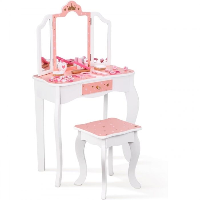 TOOKY TOY Drewniana Toaletka z Krzesełkiem Składane Lusterko Akcesoria 15 el. - obrazek 8