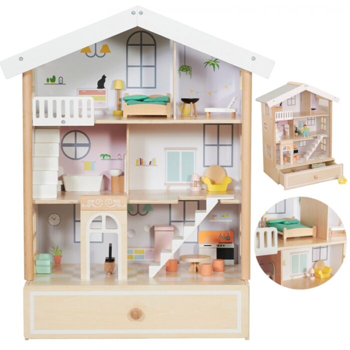 Classic World Duży Drewniany Domek dla Lalek 2 Figurki NATURALNE DREWNO 28 el. - obrazek 15
