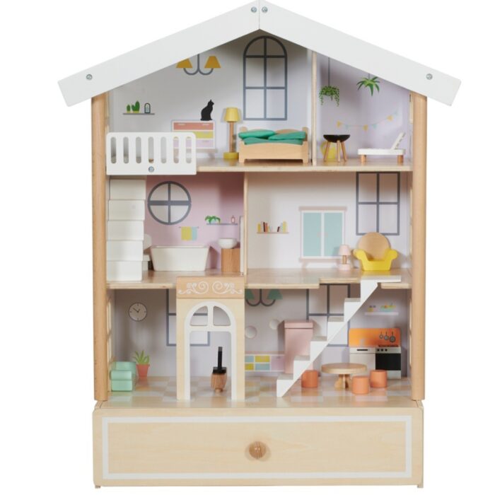 Classic World Duży Drewniany Domek dla Lalek 2 Figurki NATURALNE DREWNO 28 el. - obrazek 16