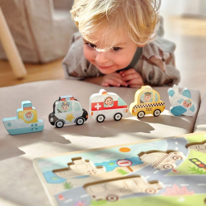 Tooky Toy Drewniane Puzzle Montessori Pojazdy Samochody Samolot Statek Miasto Dopasuj Kształty - obrazek 4