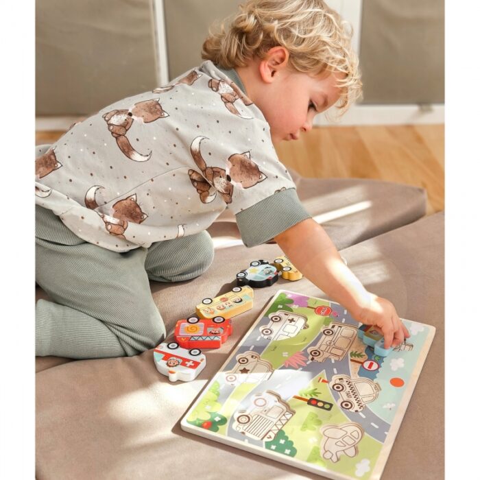Tooky Toy Drewniane Puzzle Montessori Pojazdy Samochody Samolot Statek Miasto Dopasuj Kształty - obrazek 5