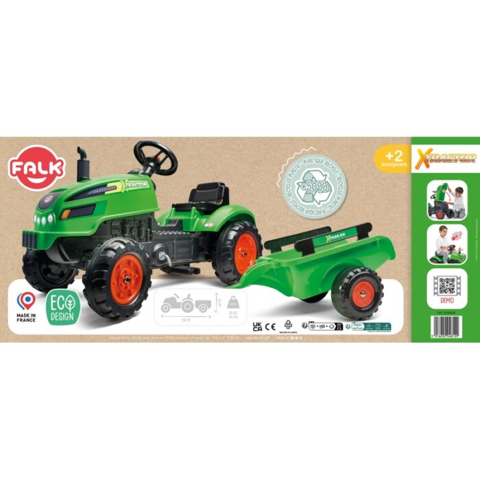 FALK Traktorek X Tractor Zielony z Przyczepką Klakson od 2 Lat - obrazek 7
